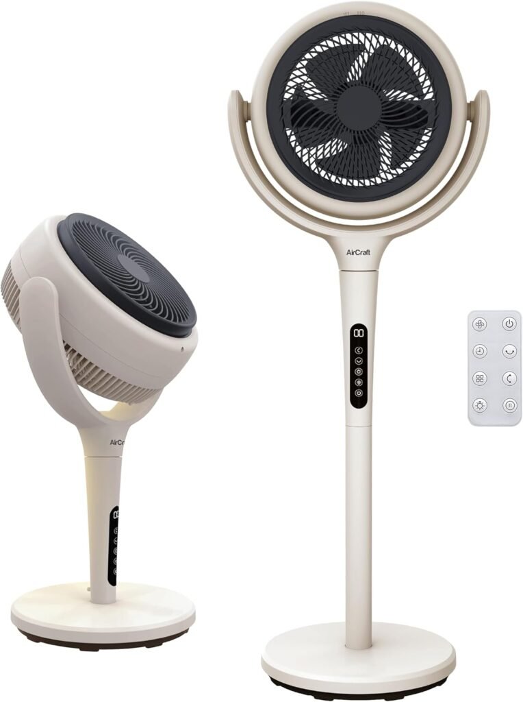 Modern white bladeless pedestal fan with futuristic design.