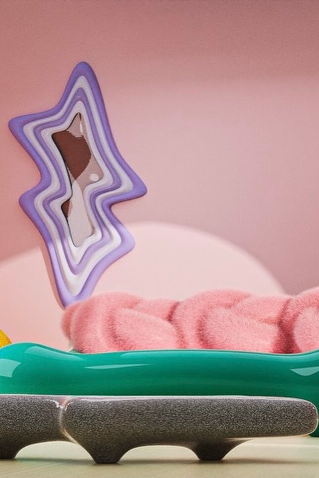 Skylrk’s world expands into surreal, playful interiors. Rounded edges, candy colours, and sculptural forms form a visual language of comfort-meets-cool.