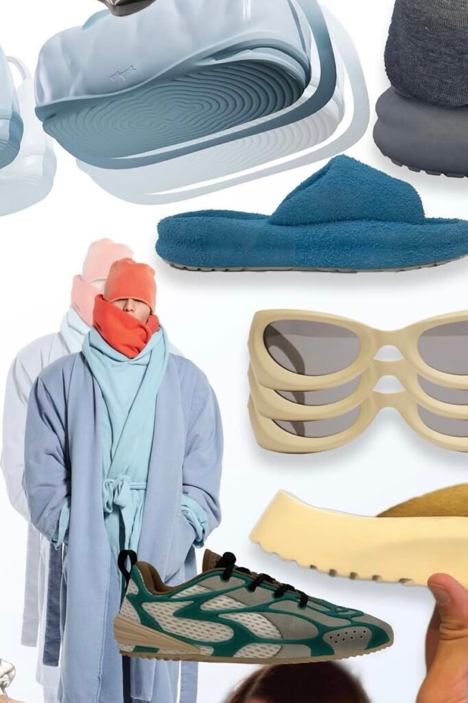 A look into the early visuals of Skylrk by Justin Bieber, where soft, cozy loungewear collides with retro-futuristic accessories. A mood board that tells a story in texture and colour.