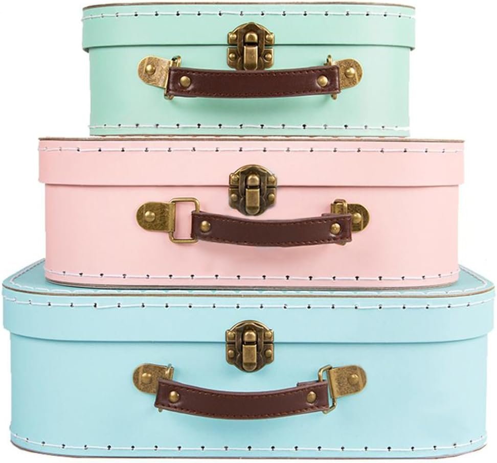 A set of three pastel-coloured mini suitcases stacked