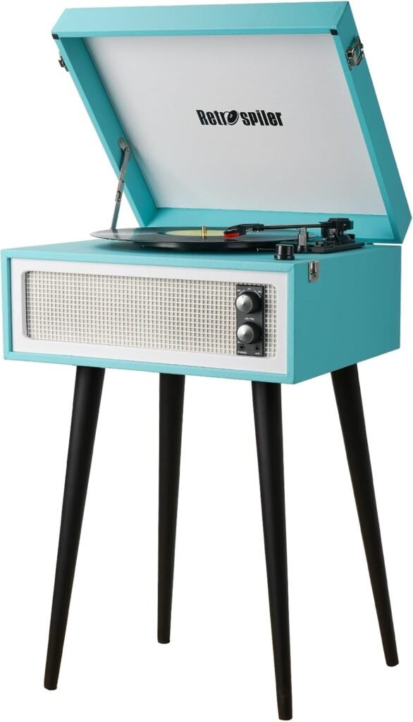 A pastel blue retro record player console with built-in speakers and wood legs