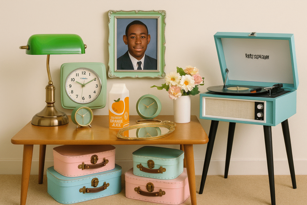 A wide-angle mockup of a mid-century living room styled with a Tyler the creator home decor style