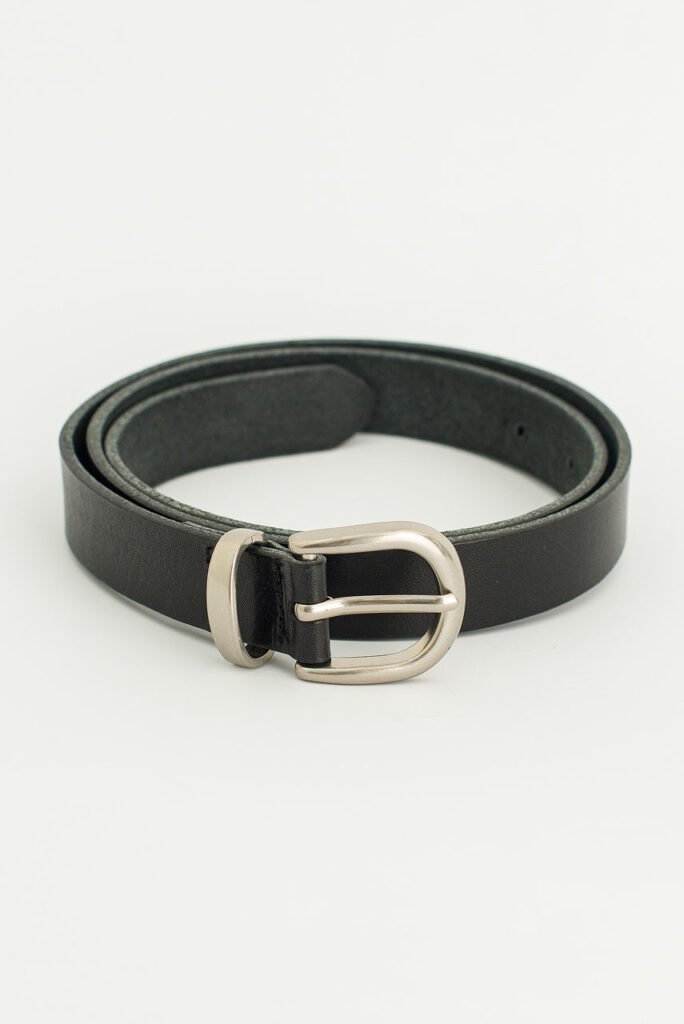 Coiled black leather belt with silver hardware from Olive Clothing, styled flat against a white background.