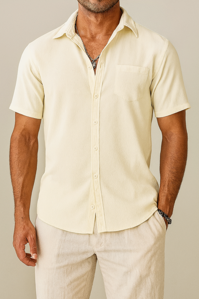 button-up short sleeve shirt with relaxed fit and chest pocket