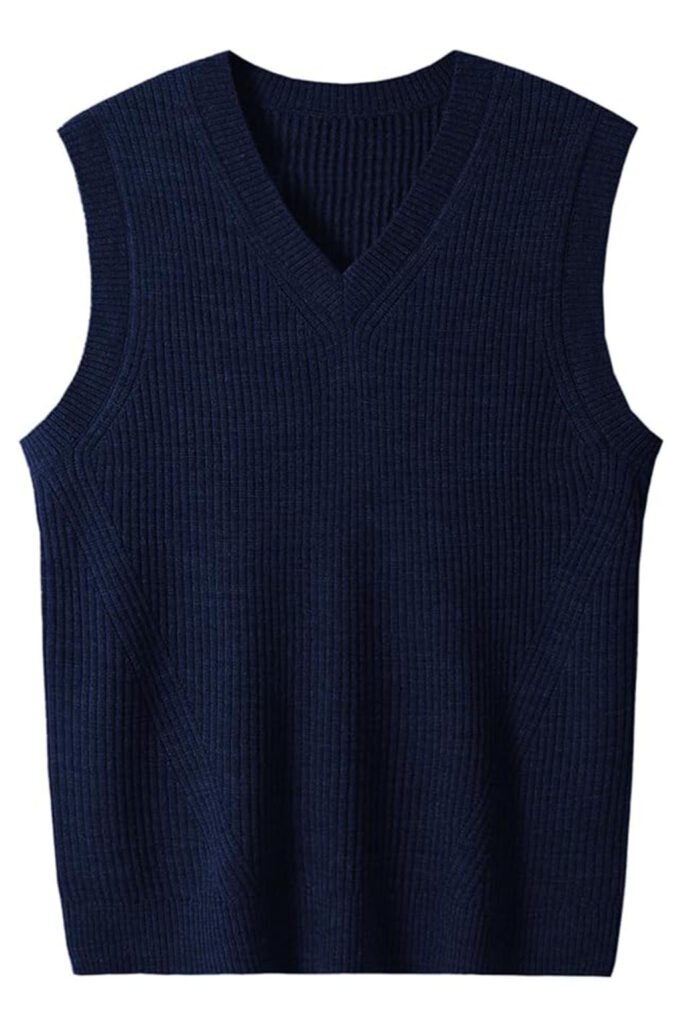 Ribbed navy knitted sweater vest with a classic v-neckline and structured silhouette