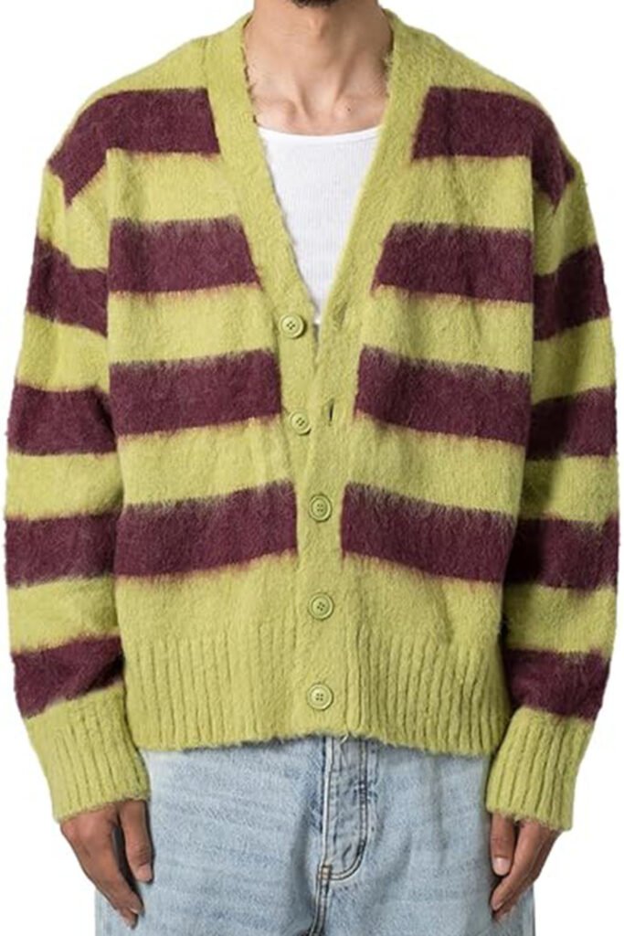 Fuzzy green and burgundy striped cardigan with oversized fit and v-neck button closure