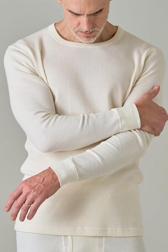 Cream waffle-knit thermal shirt with ribbed cuffs and soft textured finish