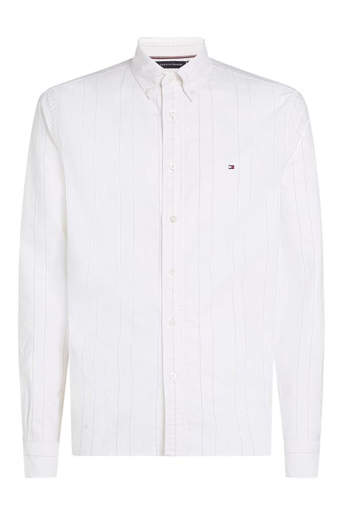 White Tommy Hilfiger Oxford Shirt with subtle vertical stripes and button-down collar