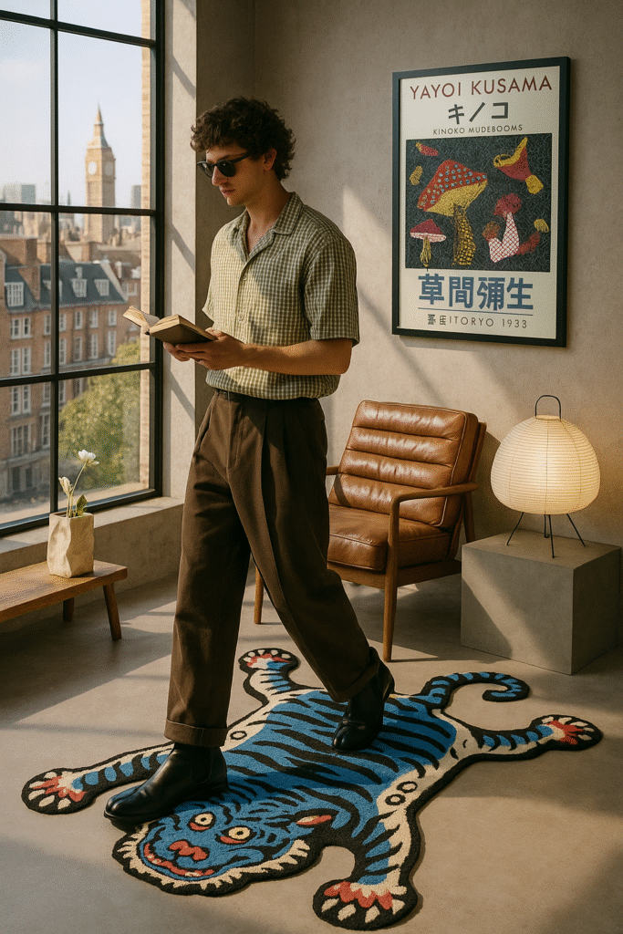 Candid scene of a young man walking through a warmly lit living room styled with brutalist influences, featuring a leather chair, blue tiger rug, paper lantern, and curated outfit. aesthetic room styling