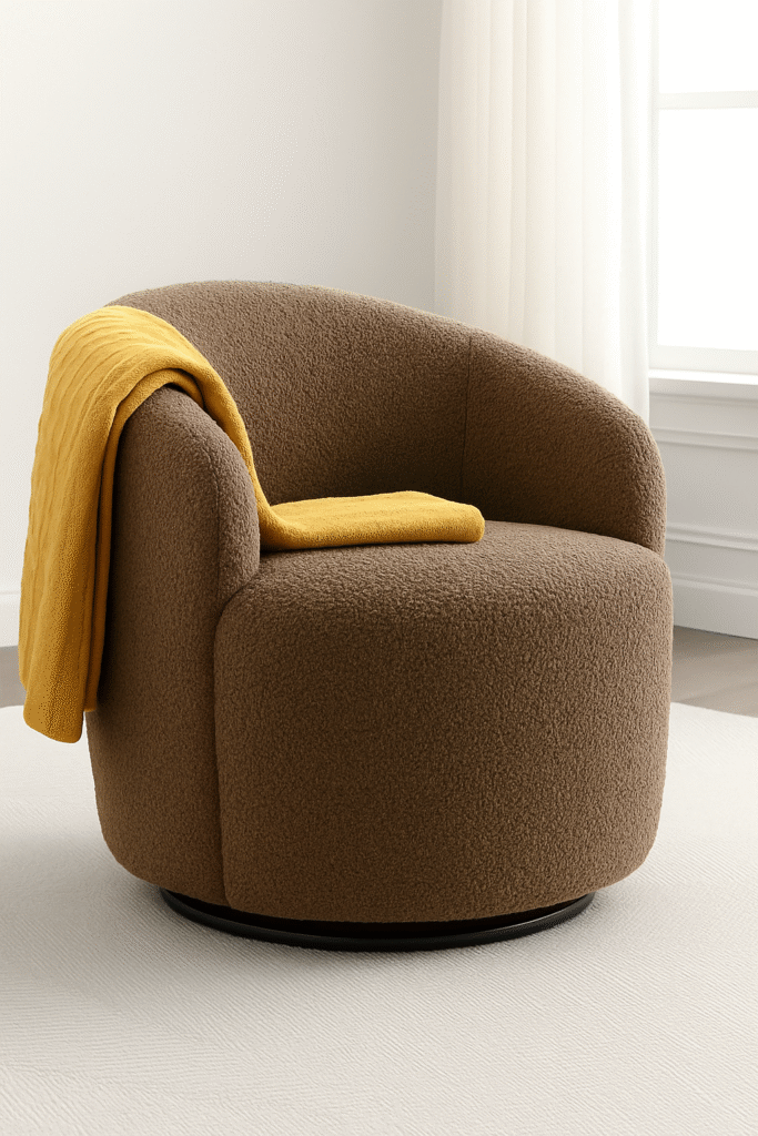 This curved bouclé lounge chair in a chocolate shade is the perfect soft-yet-structured seat for modern, cozy interiors.