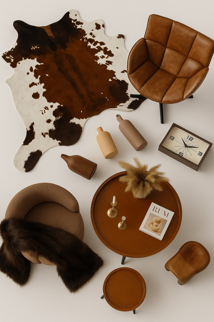 A top-down view of stylish brown home decor picks, from boucle chairs to ceramic vases. Perfect inspiration for warm, tonal interior styling.