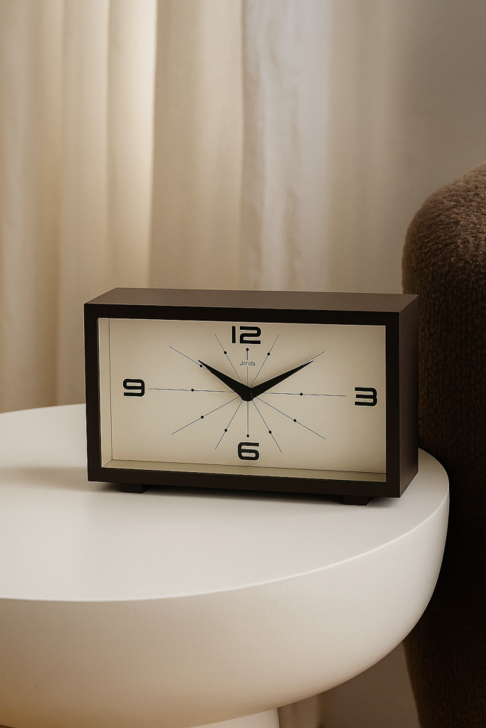 A rectangular table clock in a smooth brown finish, adding retro charm and function to desks, nightstands, or shelves.