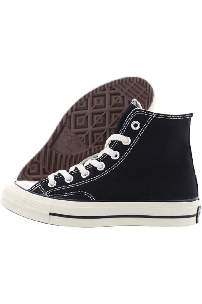 Black Converse Chuck Taylor high top sneakers with white rubber sole and stitching, displayed against a clean white background.