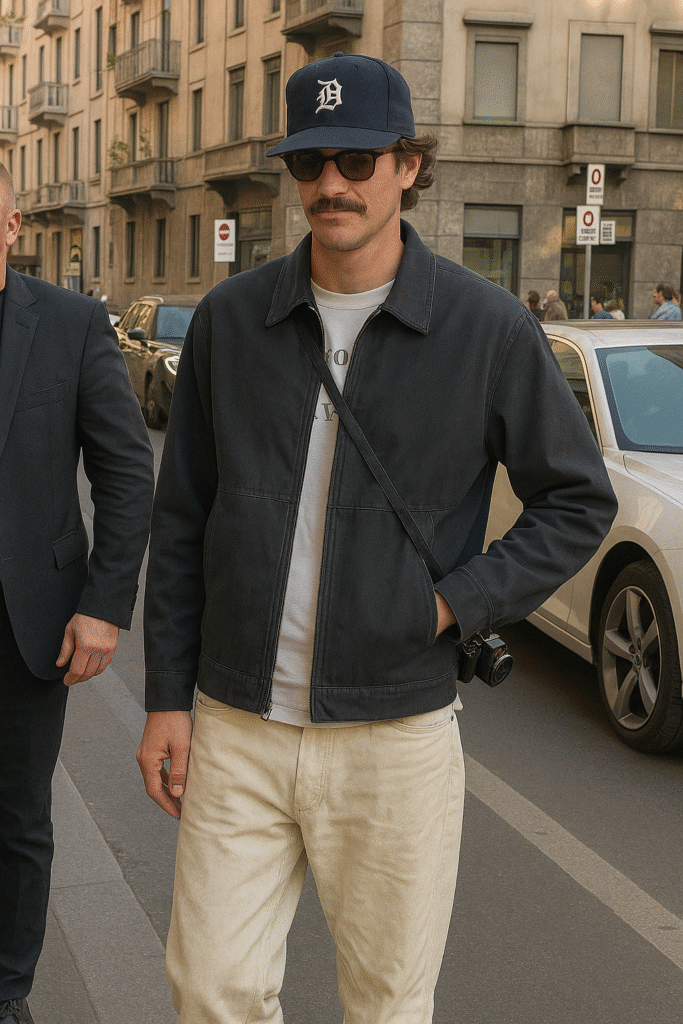 A muted street style moment featuring a black Levi’s jacket over a graphic tee with cream-washed denim.
