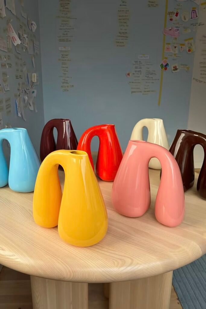 A collection of sculptural pastel and glossy ceramic vases on a wood table, styled in a colourful workspace — reminiscent of Gustav Westman’s signature forms.