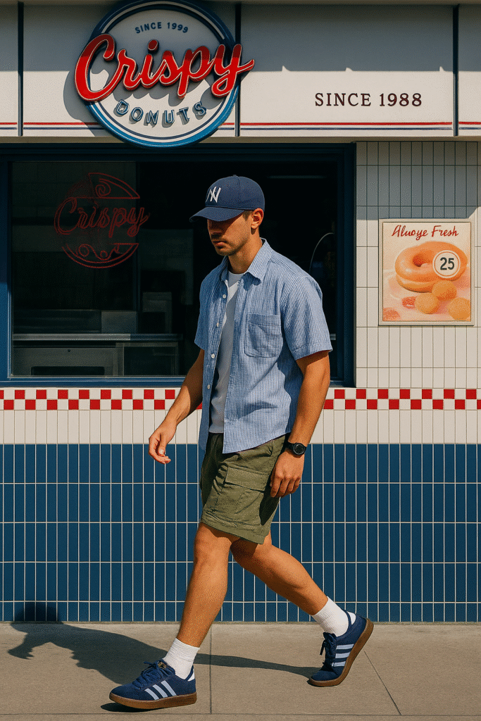 A perfect summer outfit men can wear anywhere—featuring a ribbed vest, open striped shirt, washed green cargo shorts, NY Yankees cap, and navy Adidas Spezials. A breezy fit that still keeps its shape.