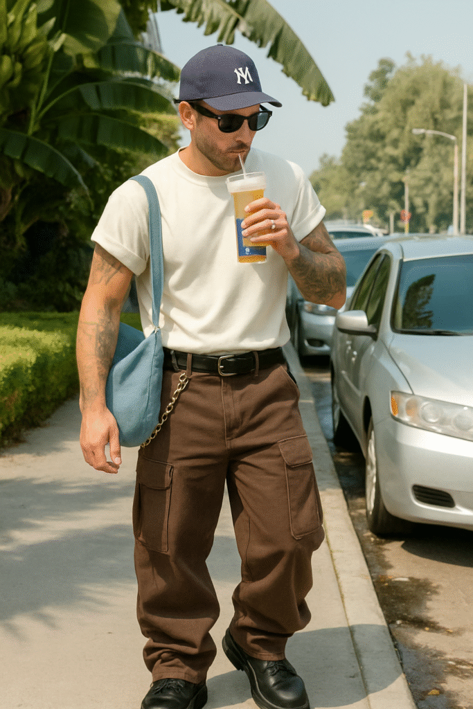 This bold take on summer outfits men can wear leans into utility. Rolled-sleeve tee, oversized brown cargos, black hiker boots, and an indigo denim shoulder bag—proof that warm weather doesn’t have to mean simple.
