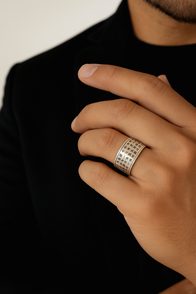 A wide sterling silver ring with engraved Buddhist Heart Sutra text, worn on a man’s finger in natural lighting.