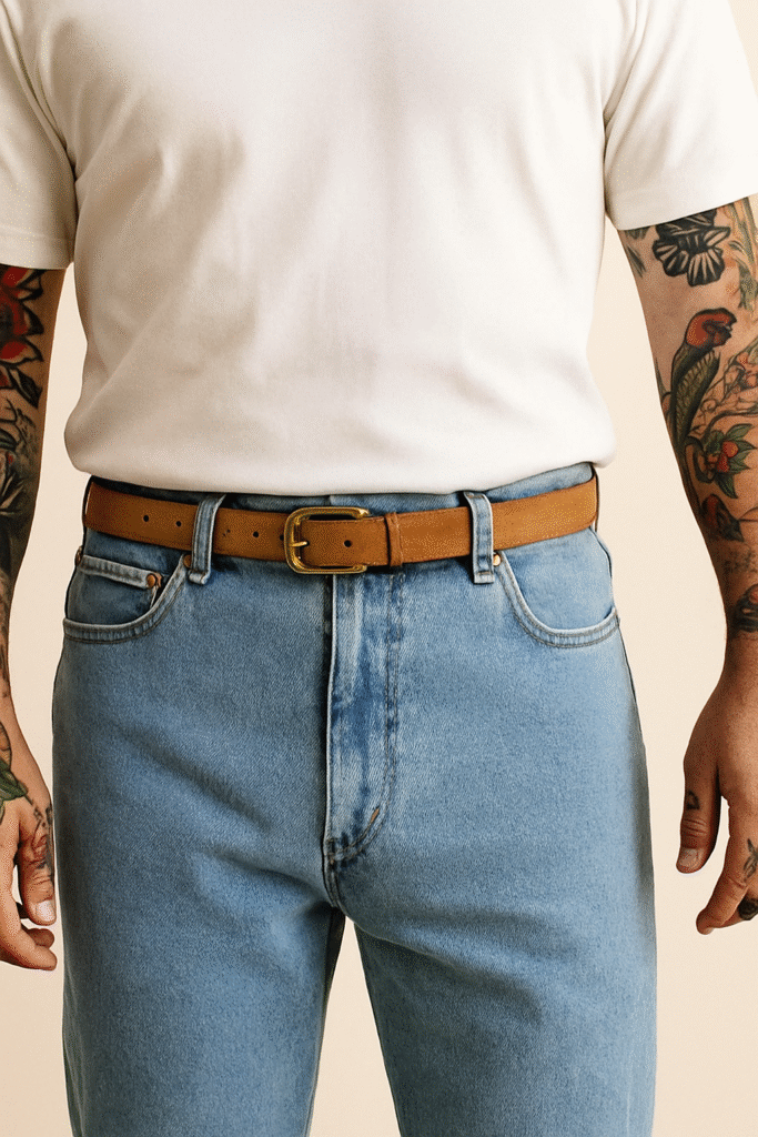 A close-up of a classic casual combo: white tee, light wash jeans, and a tan suede belt – timeless denim styling.