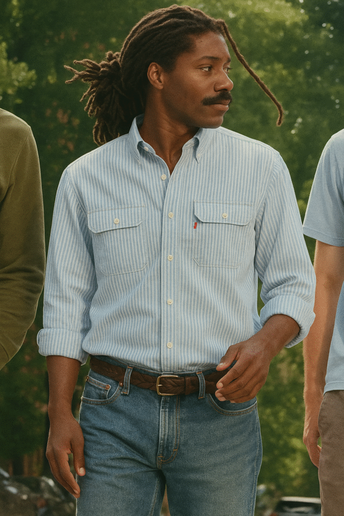 A soft striped Levi’s denim shirt styled with a braided belt and light wash jeans for a smart-casual daytime look.
