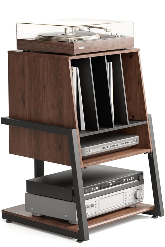 A modern wooden record player stand with four-tier vinyl and media storage.