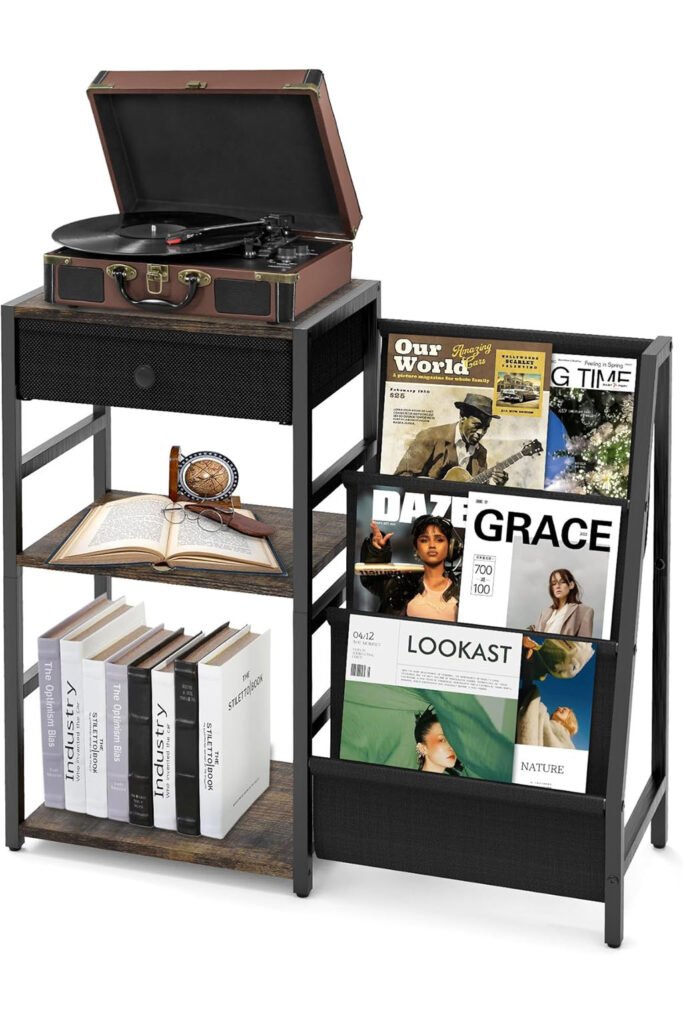 A black metal and wood record player stand with magazine-style vinyl storage and bookshelves.