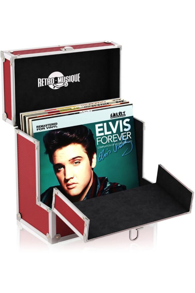 A red and silver vinyl record carry case with Elvis Presley’s album in front.