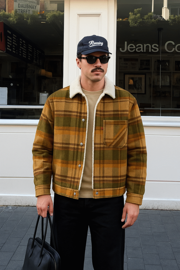 A cozy sherpa-lined Levi’s plaid jacket styled with black jeans and classic accessories for cooler seasons.