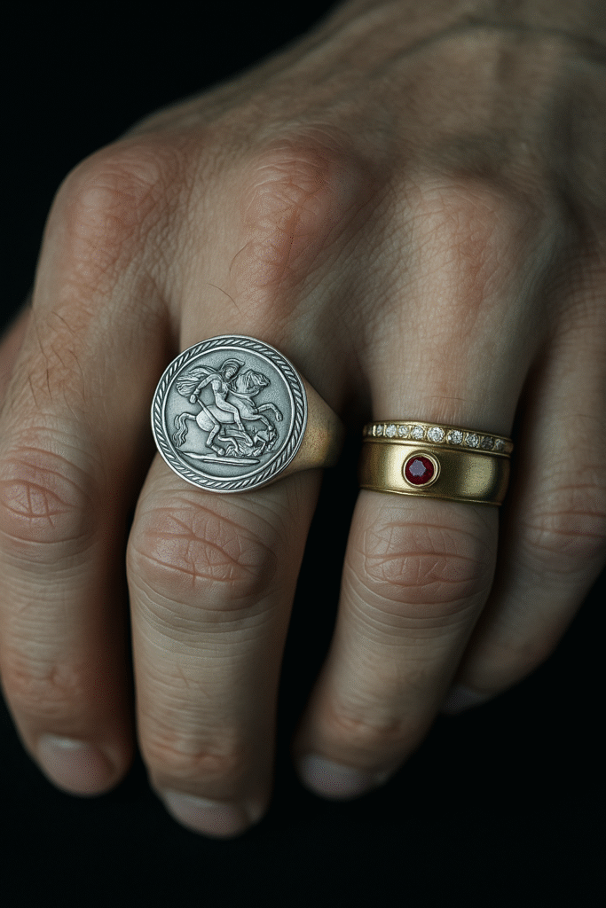 A man’s hand with visible veins wearing a silver sovereign-style ring featuring an embossed warrior motif.