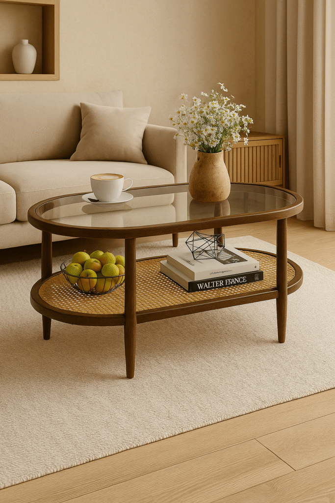 A warm-toned coffee table with both storage and charm, this two-tier oval design balances glass, cane, and wood textures effortlessly. The airy frame and natural materials feel right at home in Japandi or mid-century inspired spaces. Style it with books, fruit bowls, or wildflowers. Coming in at £95, it offers both practicality and polish.