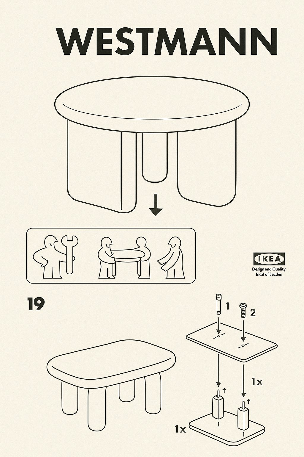 A fictional IKEA instruction sheet for a round coffee table titled WESTMANN, styled like official flat-pack furniture diagrams with curved table parts.