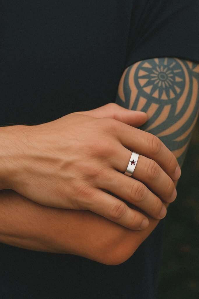 A man’s crossed arms showing a slim sterling silver ring with a red gemstone set in a black star, worn on the ring finger. sterling silver rings for men