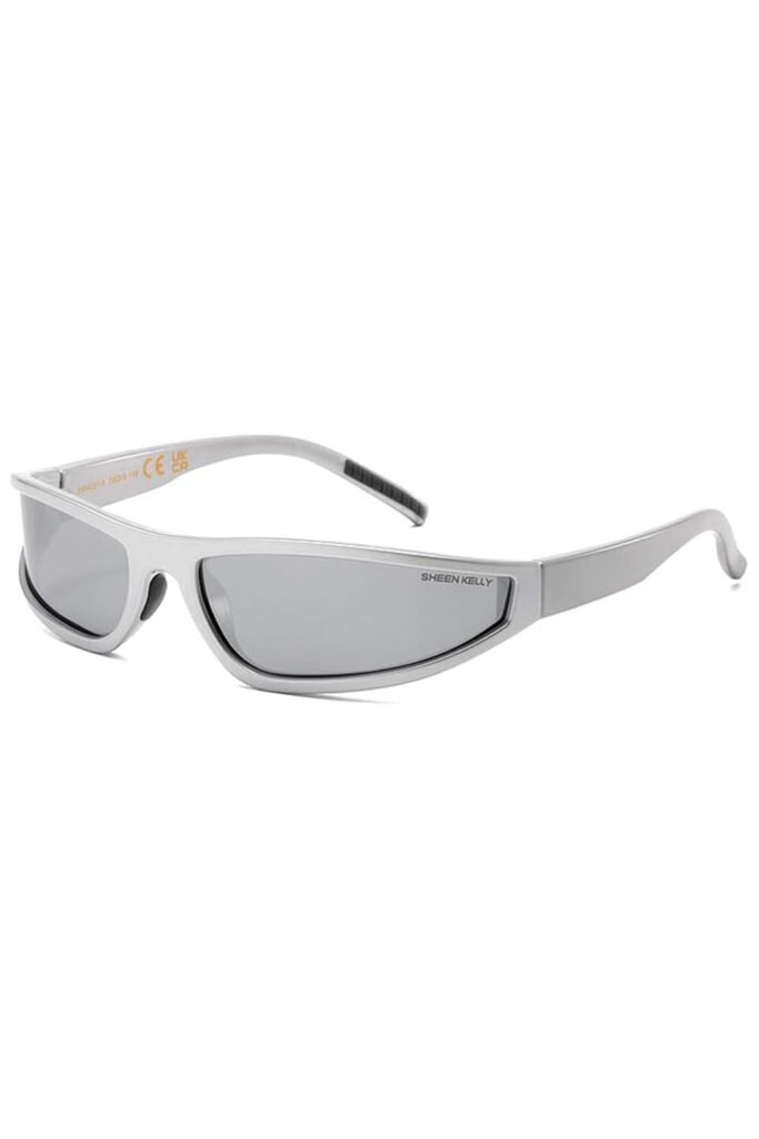 Sleek silver Sheen Kelly shield-style sunglasses with angular design on white background.