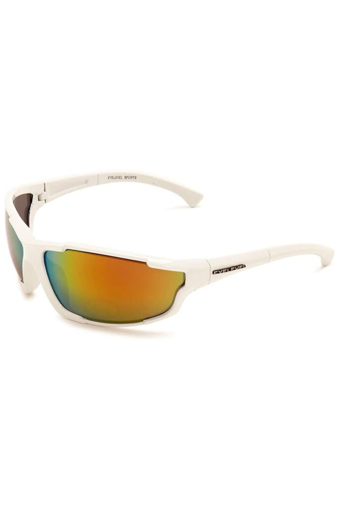 White wraparound Eyelevel sports sunglasses with rainbow mirrored lenses on white background.