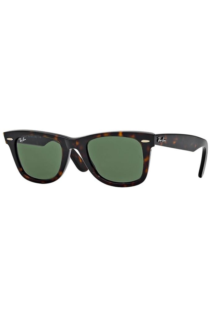 Ray-Ban Wayfarer sunglasses with tortoiseshell frame and green lenses on a plain white background.