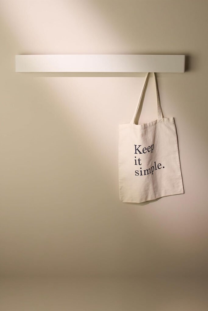 Minimal white wall-mounted coat rail with a tote bag hanging from a concealed hook.