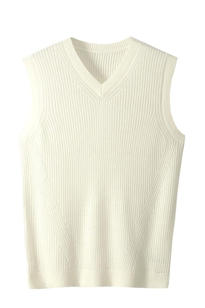 Sleeveless ribbed cream tennis vest with v-neck detail